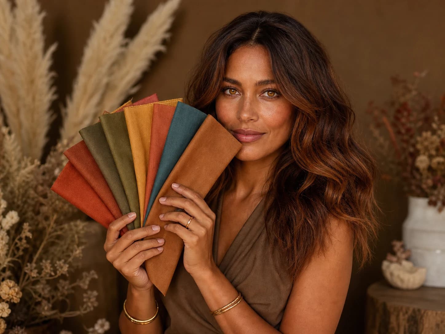 Autumn color palette draped beside a warm, auburn-haired model in a StyleCard editorial portrait