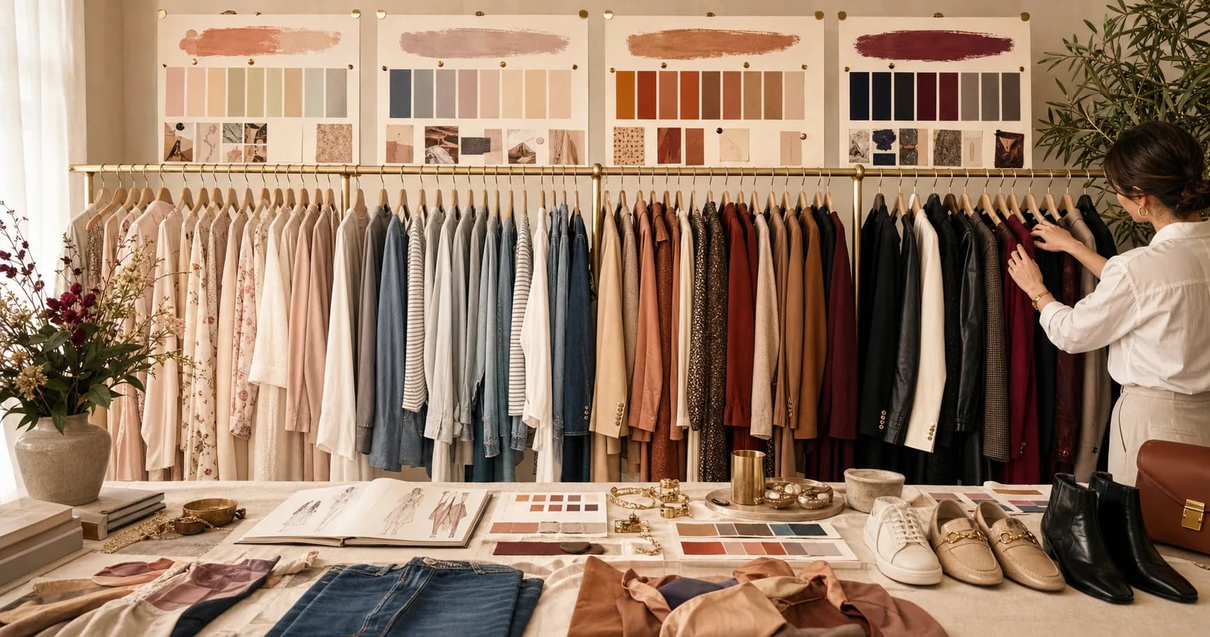 StyleCard capsule wardrobe studio with Spring, Summer, Autumn, and Winter rails, swatches, denim, metals, shoes, and stylist hands