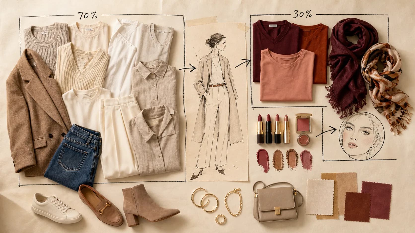 Seasonal capsule wardrobe flat lay with neutrals, accent colors, denim, metals, shoes, makeup, and swatches