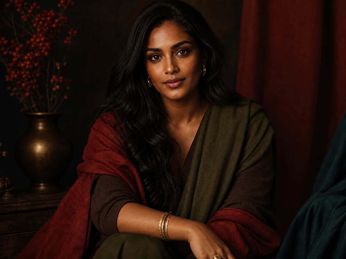 Deep autumn colors on a deep, warm-toned model in a StyleCard editorial portrait