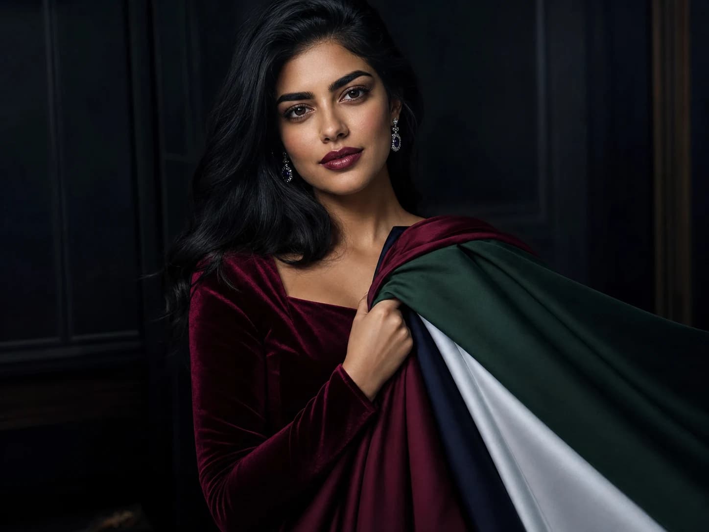 Deep winter jewel tones on a deep, cool-toned model in a StyleCard editorial portrait