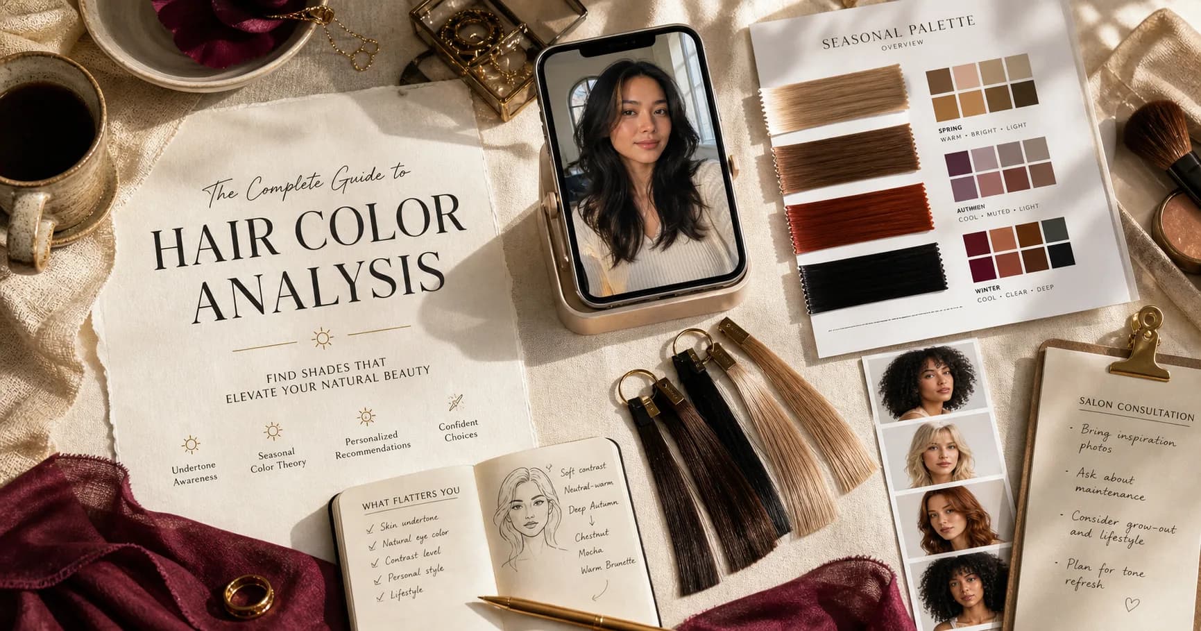 StyleCard editorial beauty desk with hair swatch ribbons, selfie setup, seasonal color cards, and salon notes