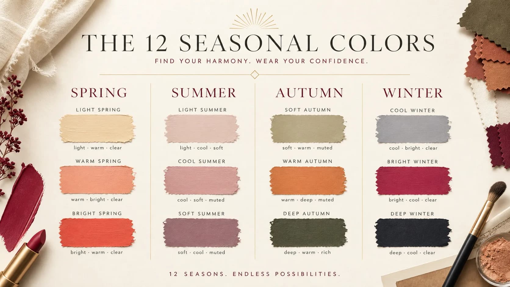 Editorial overview of the twelve seasonal color analysis seasons with paint chips and trait cards