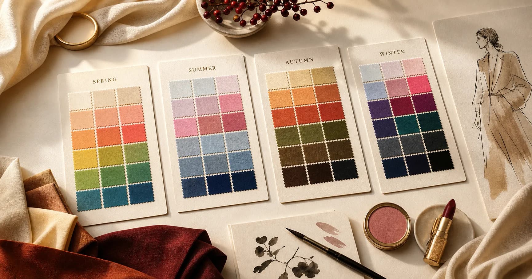 StyleCard warm paper studio scene with Spring, Summer, Autumn, and Winter palette boards and fabric drapes