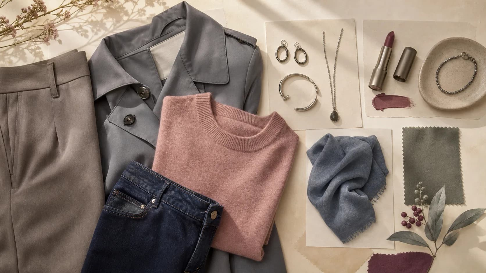 Soft summer flat lay with mushroom taupe, slate, dusty rose, soft navy, pewter, muted plum, and dusty blue