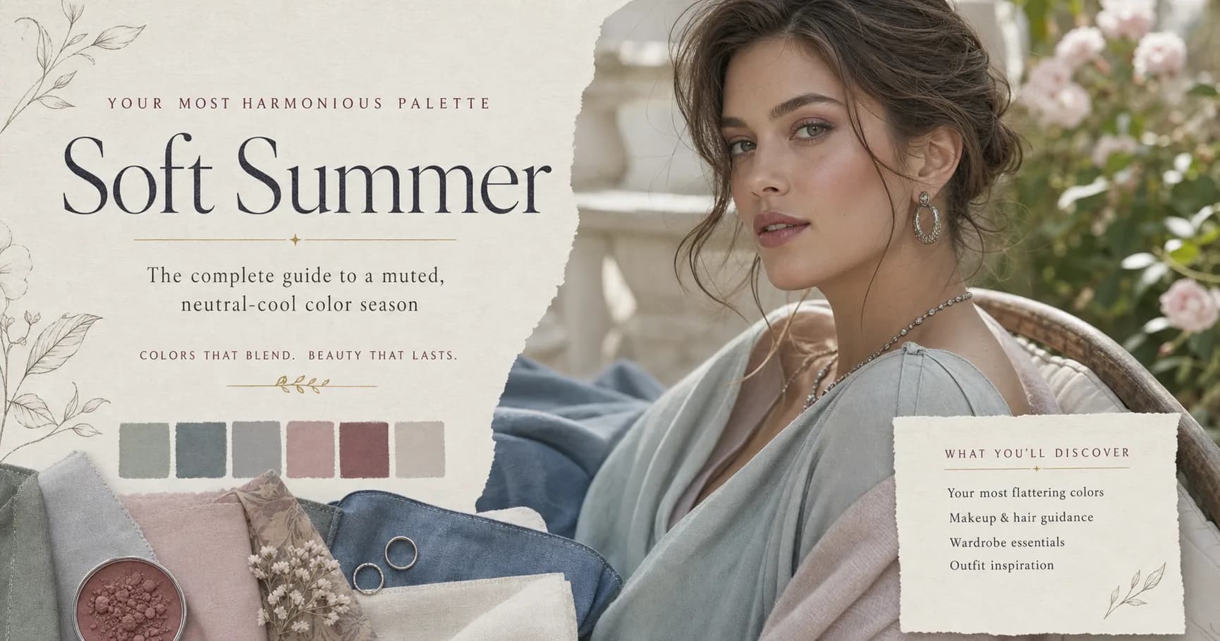 StyleCard soft summer editorial portrait with mushroom brown hair, dusty mauve makeup, soft teal, gray rose, denim blue, and pewter