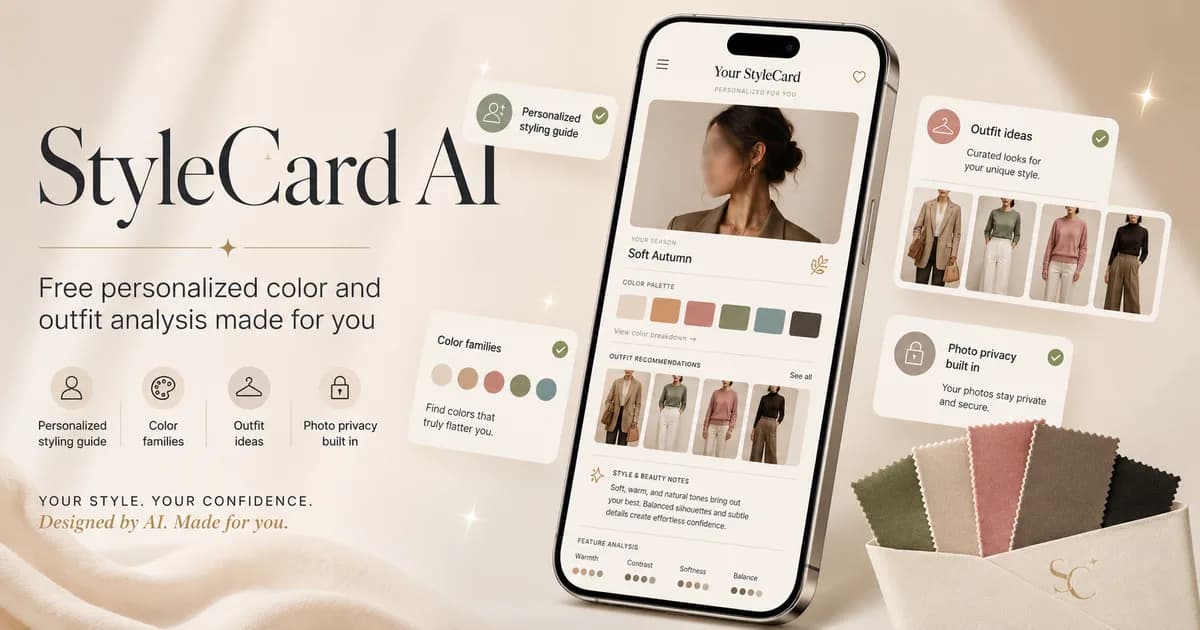 StyleCard AI product preview showing personalized color families, outfit ideas, and style cards