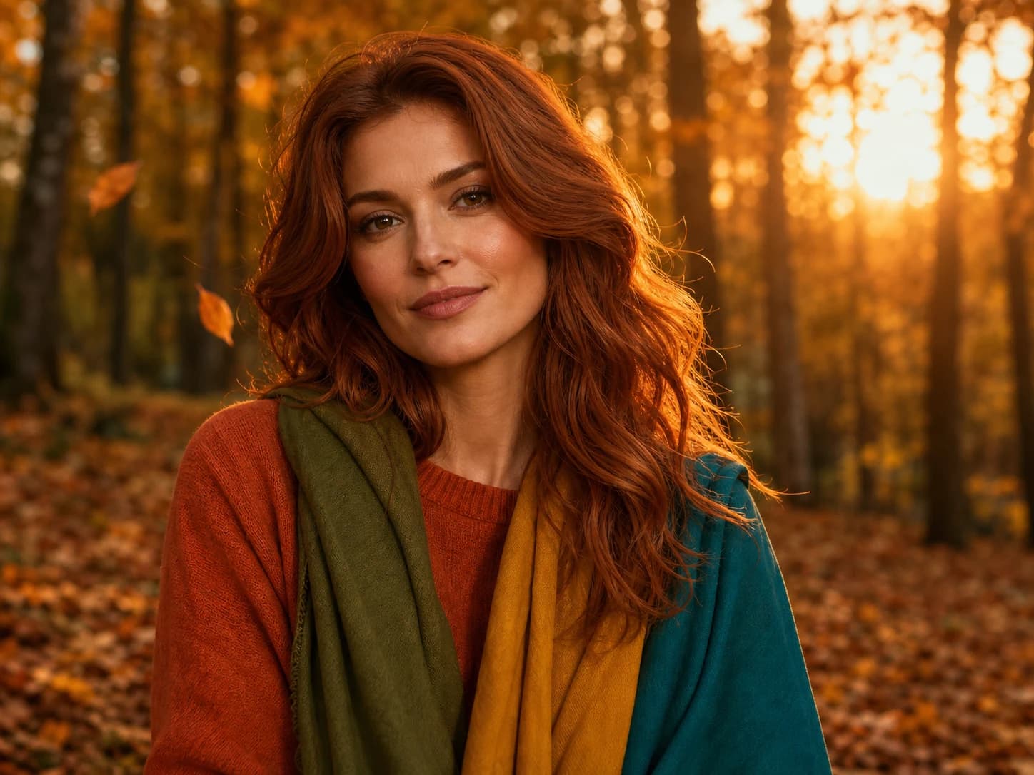 Warm autumn colors on a golden-tan model in a StyleCard editorial portrait
