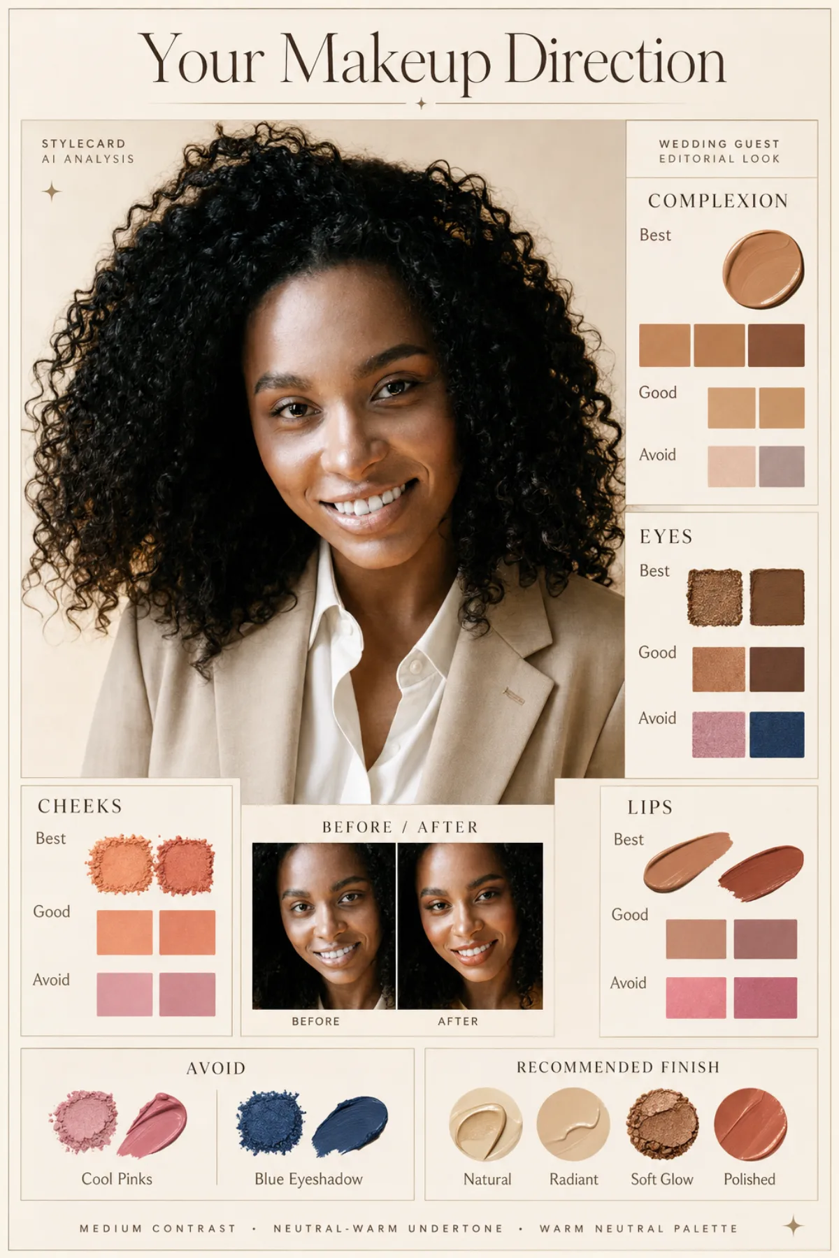 Sample StyleCard AI makeup direction card with personalized complexion, eyes, cheeks, and lips guidance