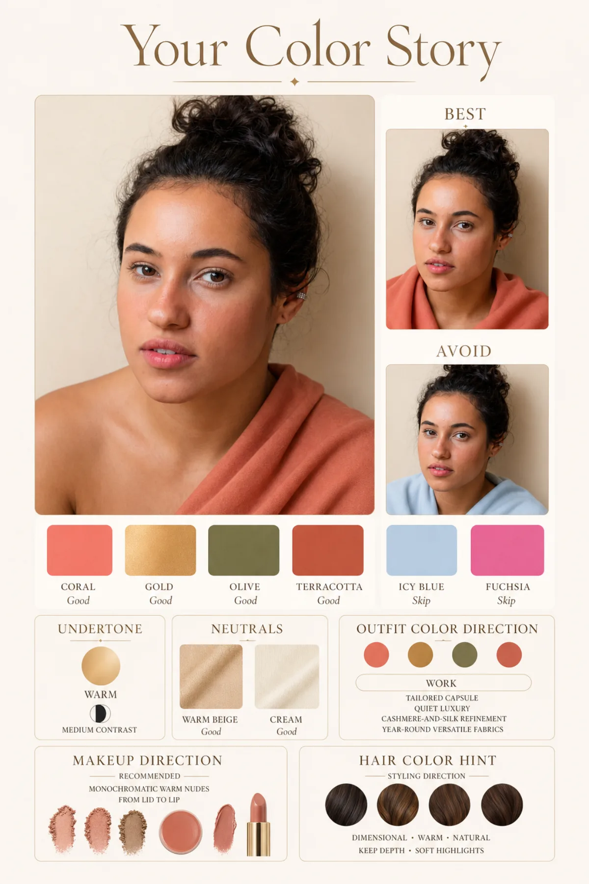Sample StyleCard AI color story card with personalized best colors and outfit direction