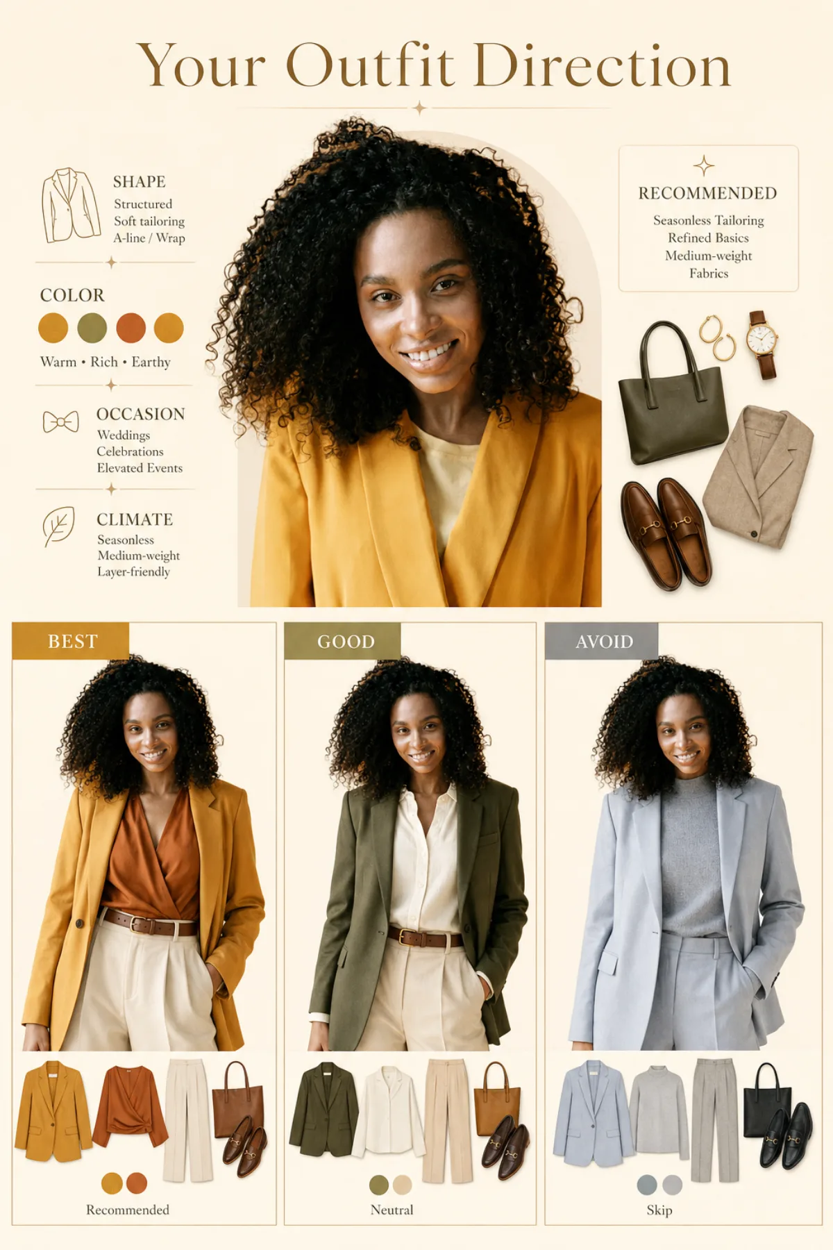 Sample StyleCard AI outfit direction card with recommended silhouettes, colors, and occasion guidance