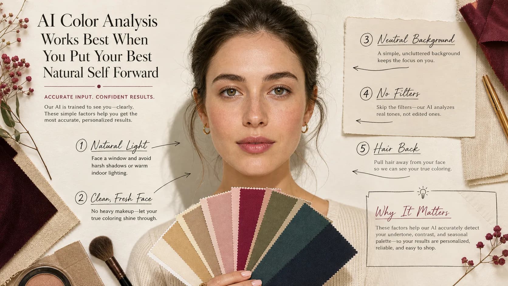 Natural-light selfie setup with seasonal swatches and photo quality cues for AI color analysis