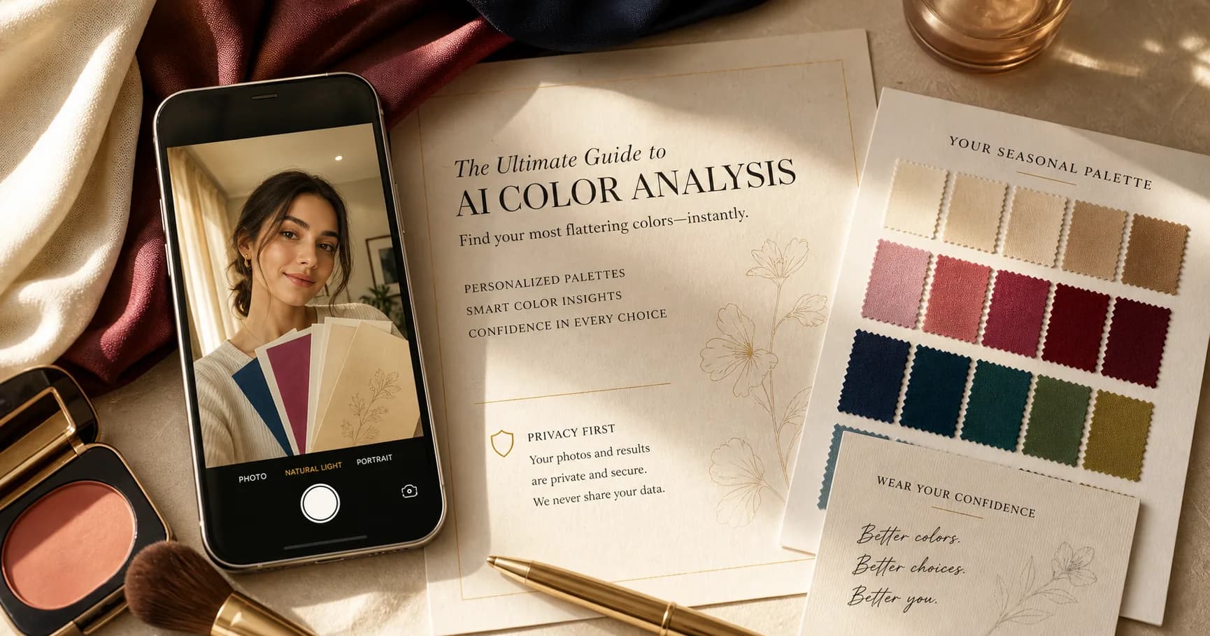 Natural-light selfie setup with StyleCard-like color cards, fabric drapes, and privacy note