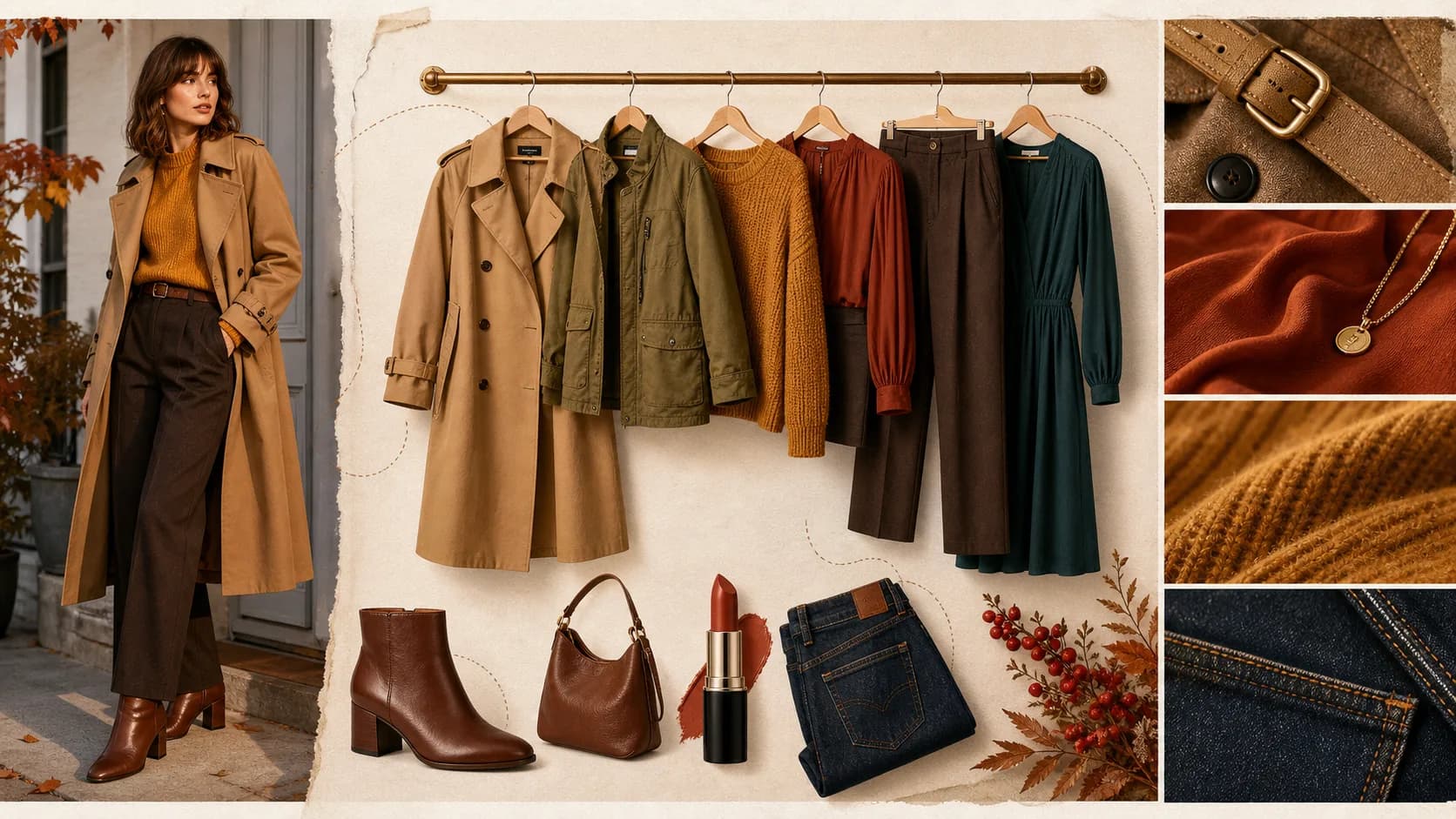 Autumn capsule wardrobe rail with camel, olive, mustard, rust, chocolate, teal, cognac, bronze, and terracotta