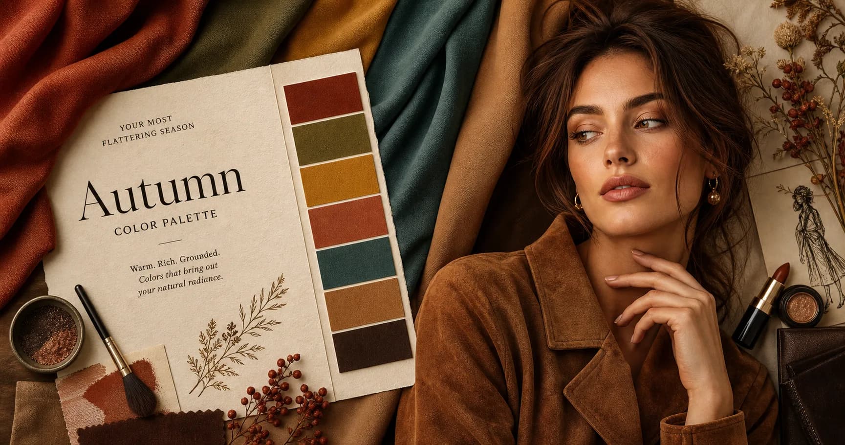 StyleCard autumn color palette portrait with rust, olive, mustard, terracotta, warm teal, camel, chocolate, bronze, and suede