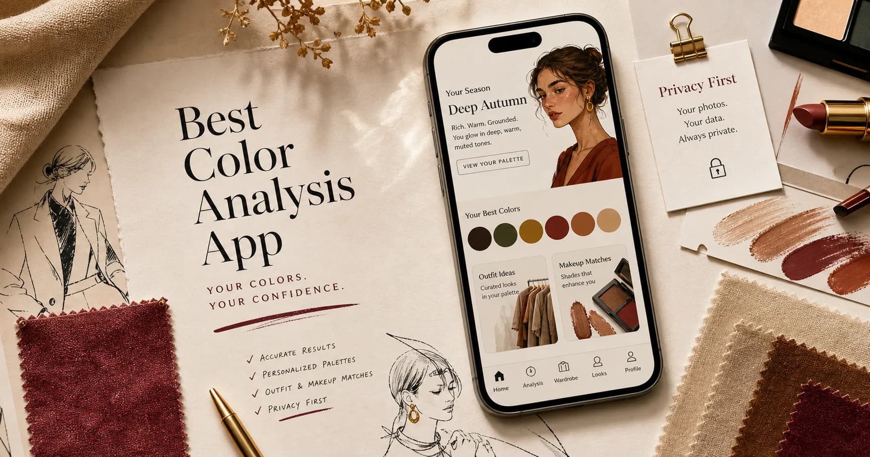 StyleCard phone color preview beside tactile color cards, makeup swatches, privacy note, and wardrobe fabric