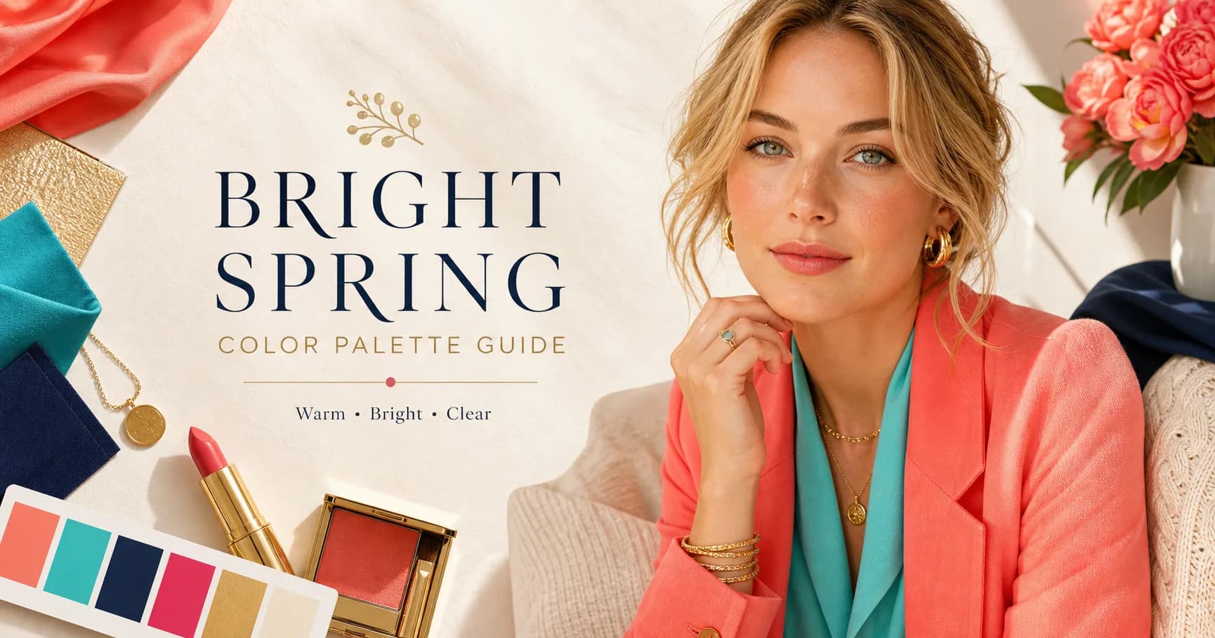 StyleCard bright spring editorial portrait with coral, turquoise, bright navy, hot pink, warm ivory, and polished gold