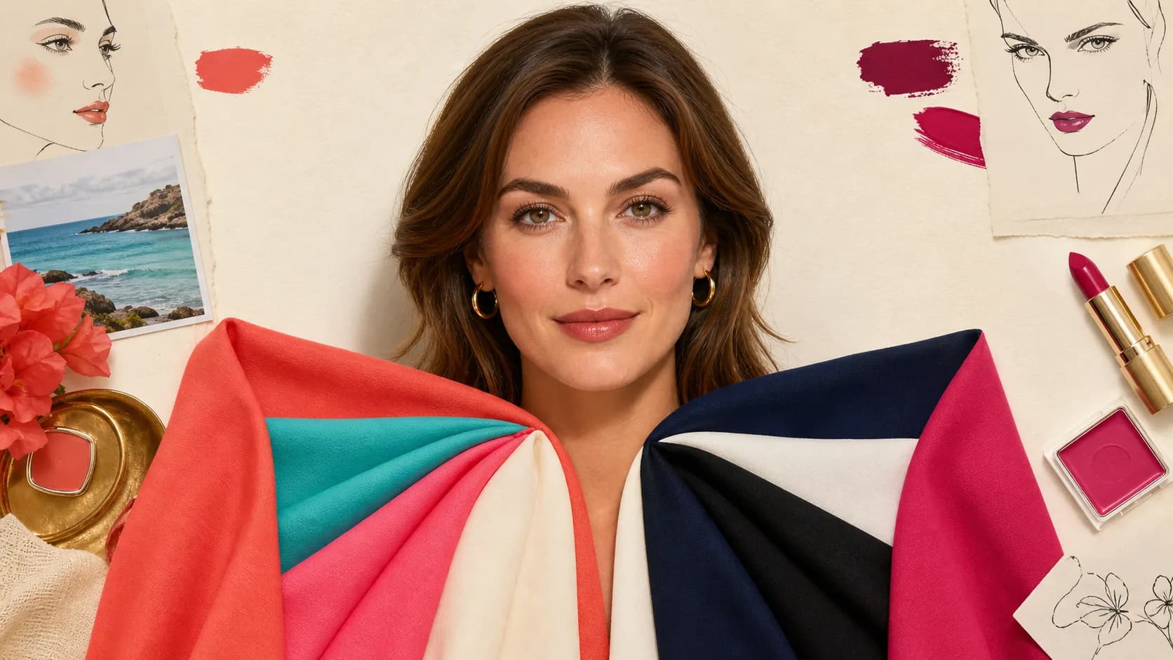 Bright spring and bright winter drape comparison with coral, turquoise, hot pink, navy, ivory, black, and fuchsia