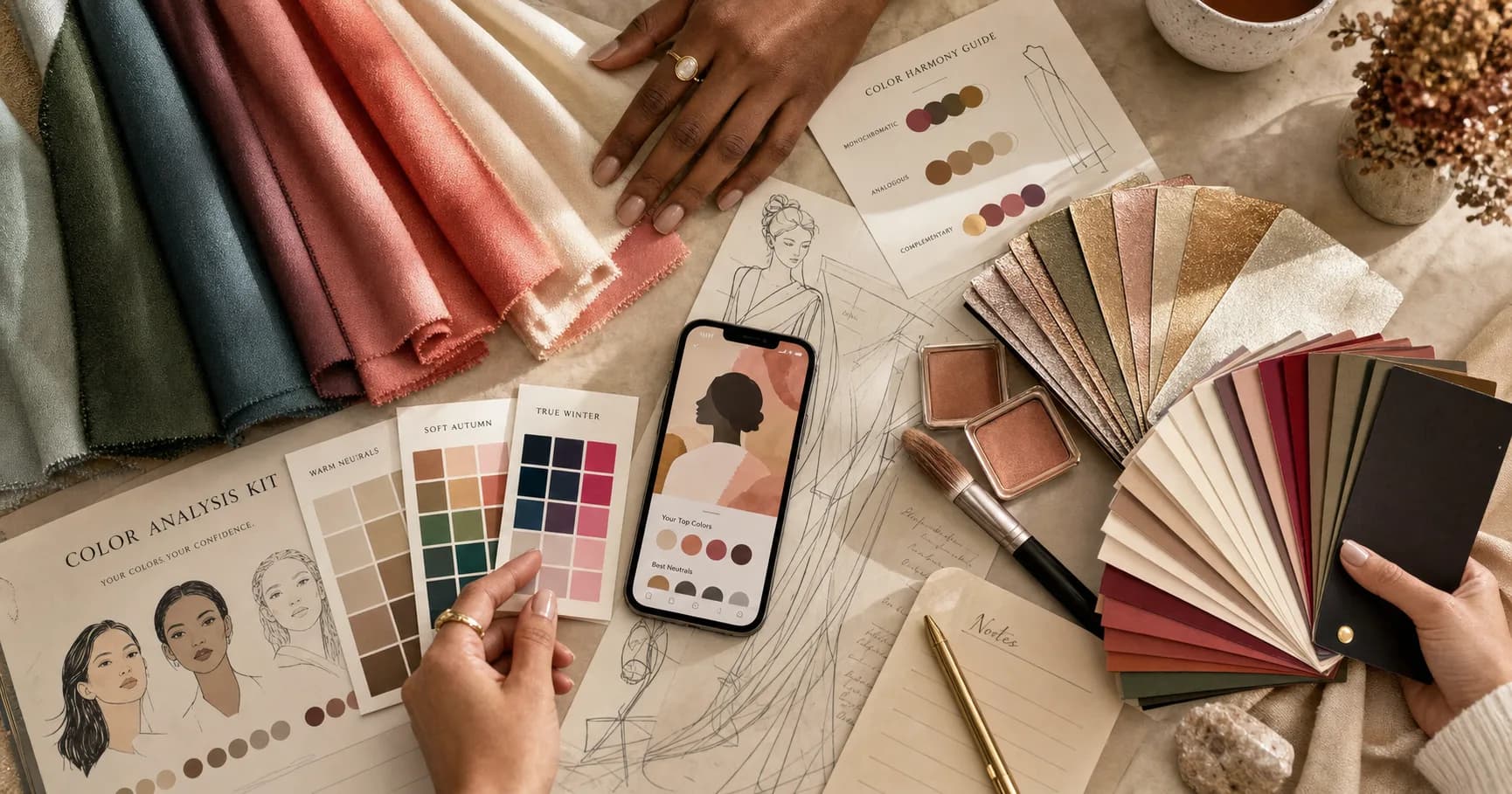 StyleCard overhead color analysis kit with fabric drapes, cardstock color cards, metallic swatches, phone preview, and swatch fan