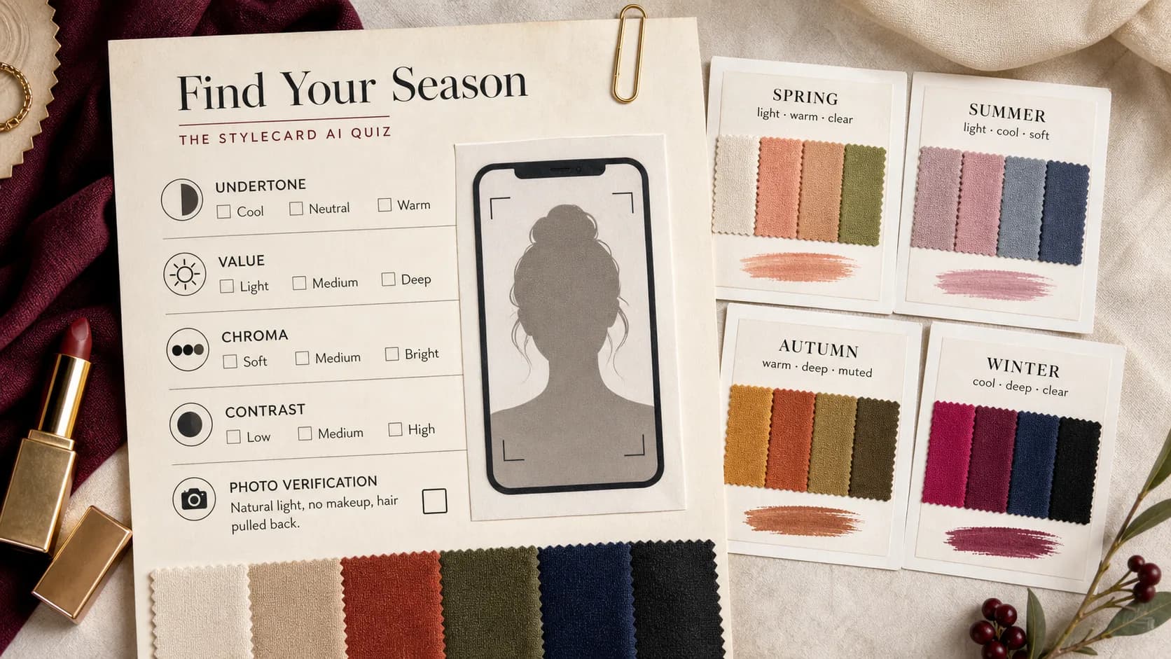 Editorial quiz worksheet with undertone, value, chroma, contrast, photo verification, and seasonal swatches