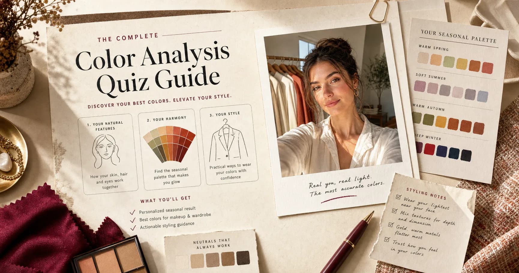StyleCard warm paper color analysis quiz layout with selfie frame, seasonal swatches, and styling notes