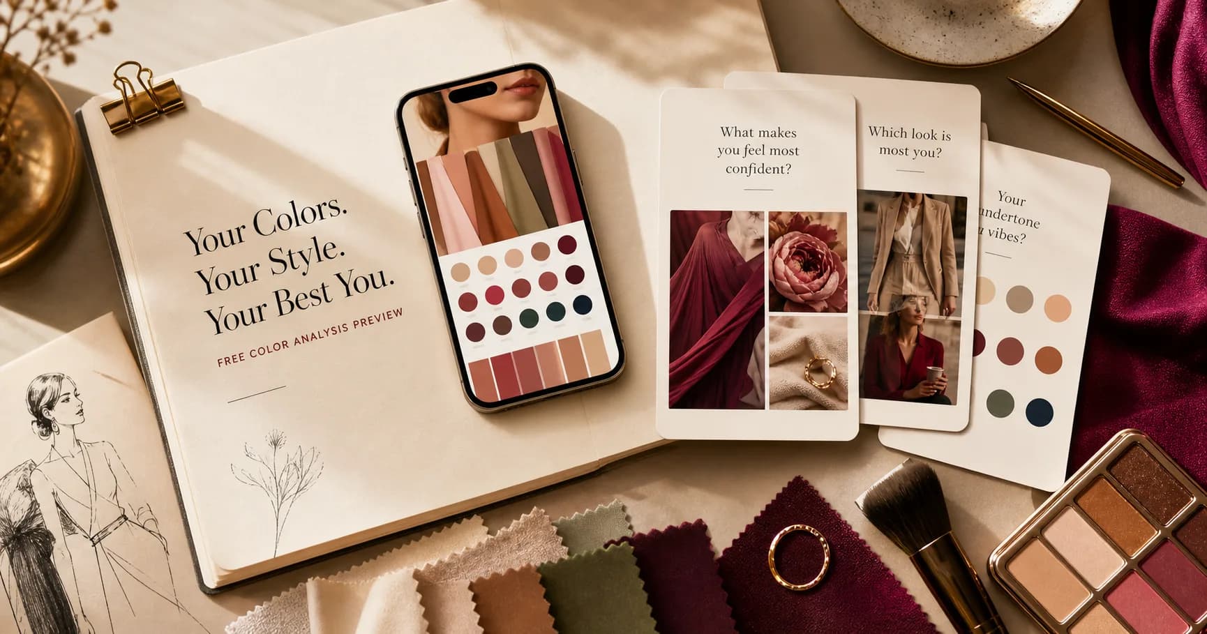StyleCard warm editorial desk with phone color preview, quiz cards, fabric swatches, and makeup palette