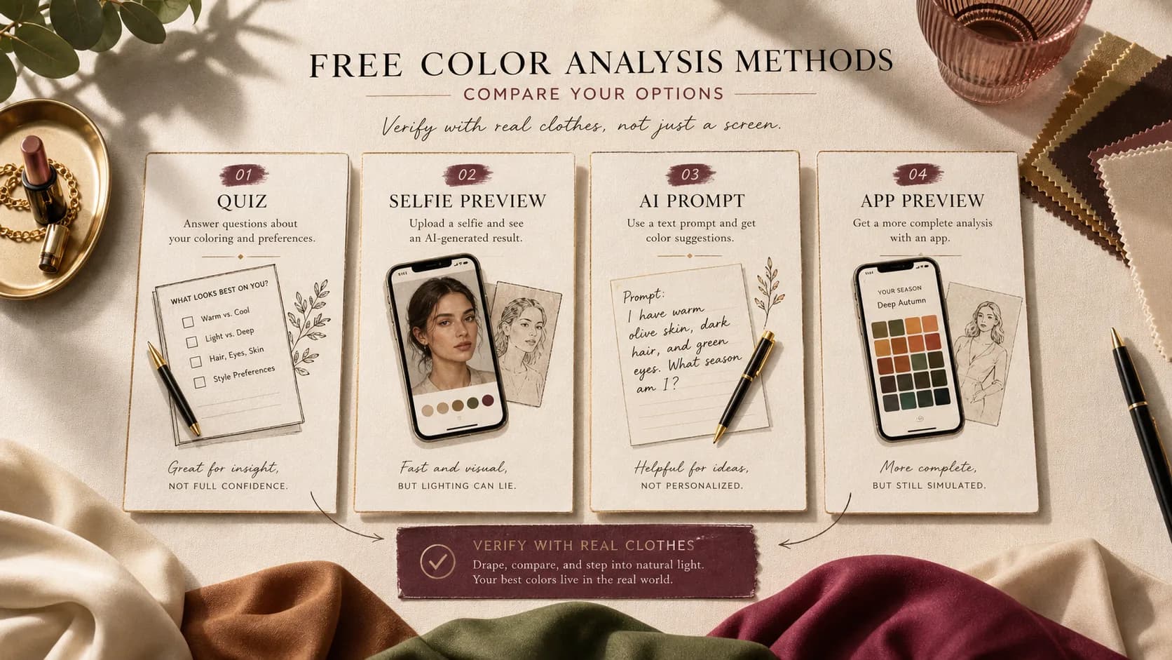 Comparison of free color analysis methods including quiz, selfie preview, AI prompt, and app preview