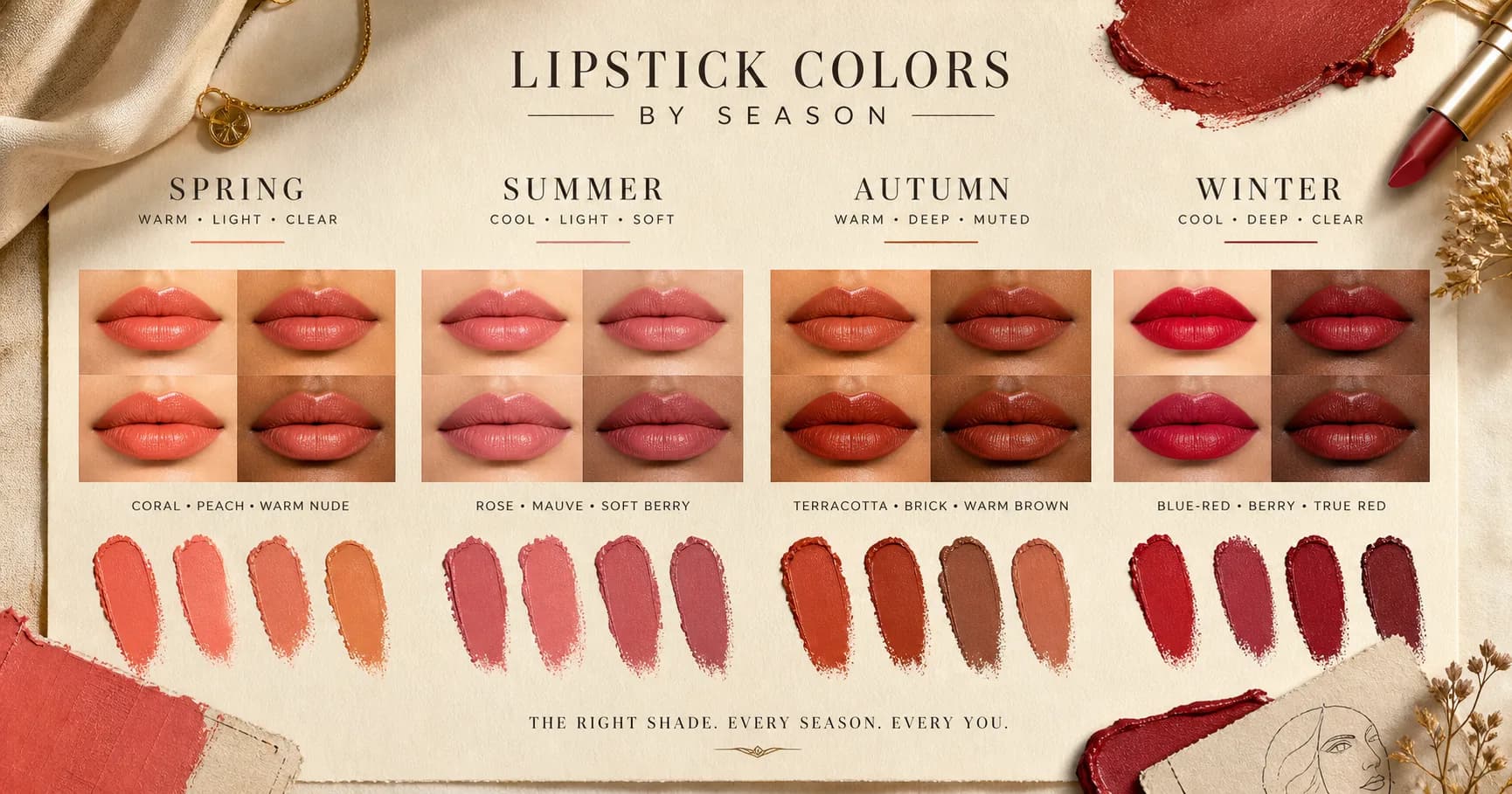 StyleCard four-season lipstick palette with coral spring, rose summer, terracotta autumn, and blue-red winter swatches