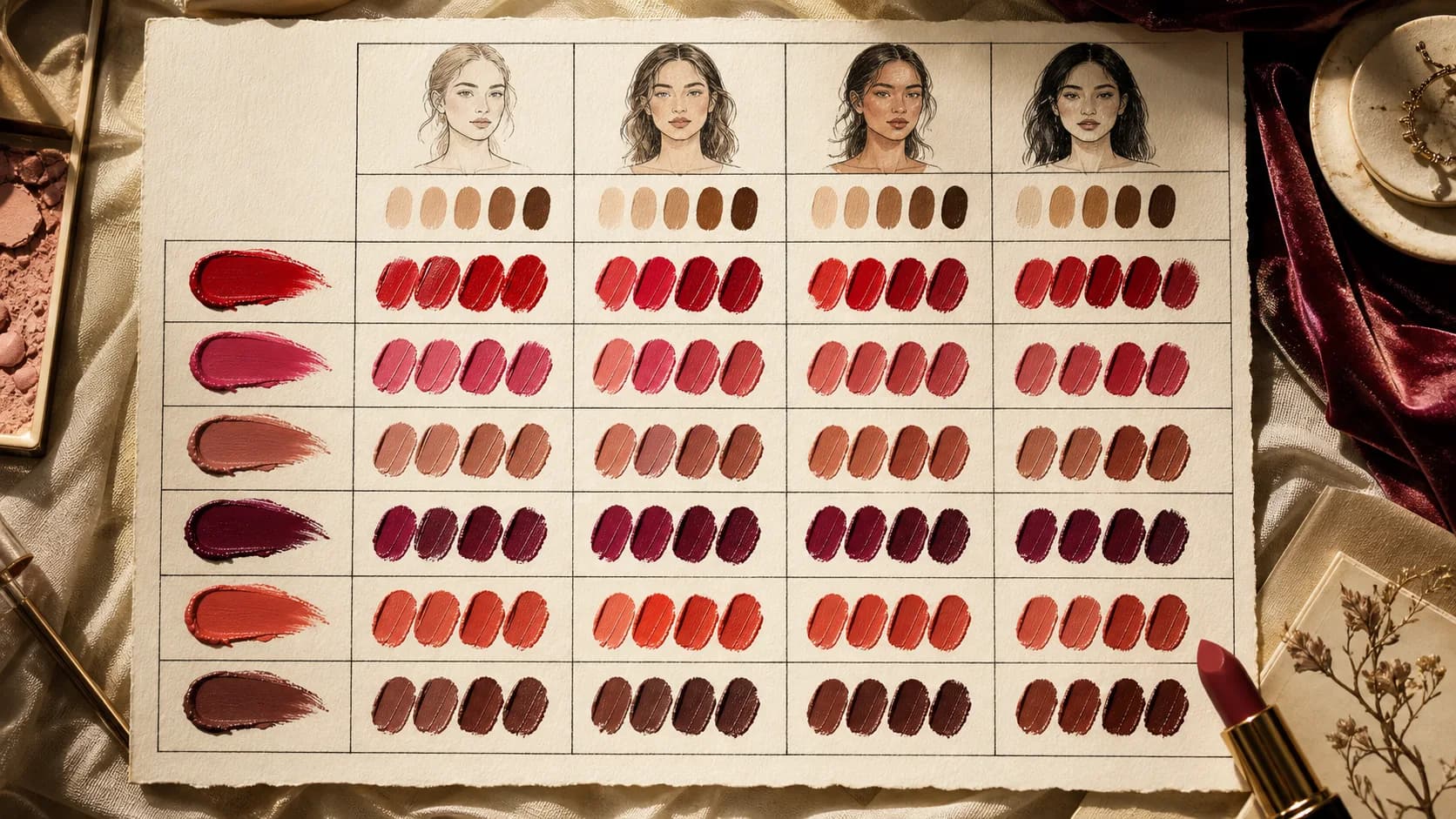Lipstick swatch matrix for red, pink, nude, berry, coral, and brown families across the four seasons