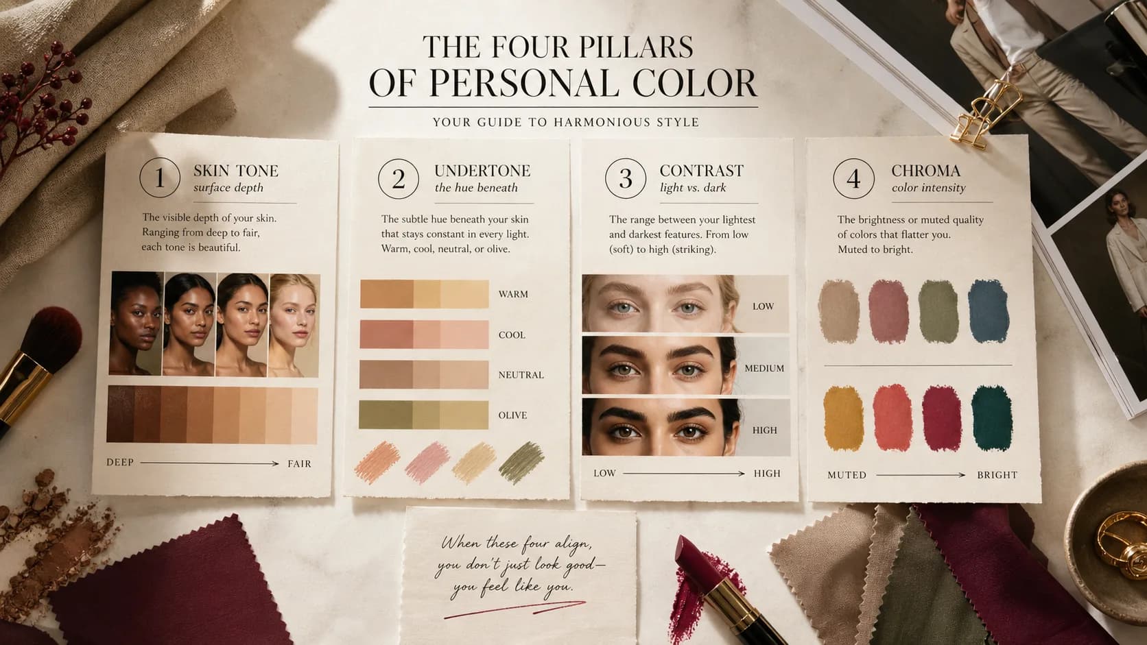 Skin tone, undertone, contrast, and chroma explainer cards with inclusive skin-depth and color swatches