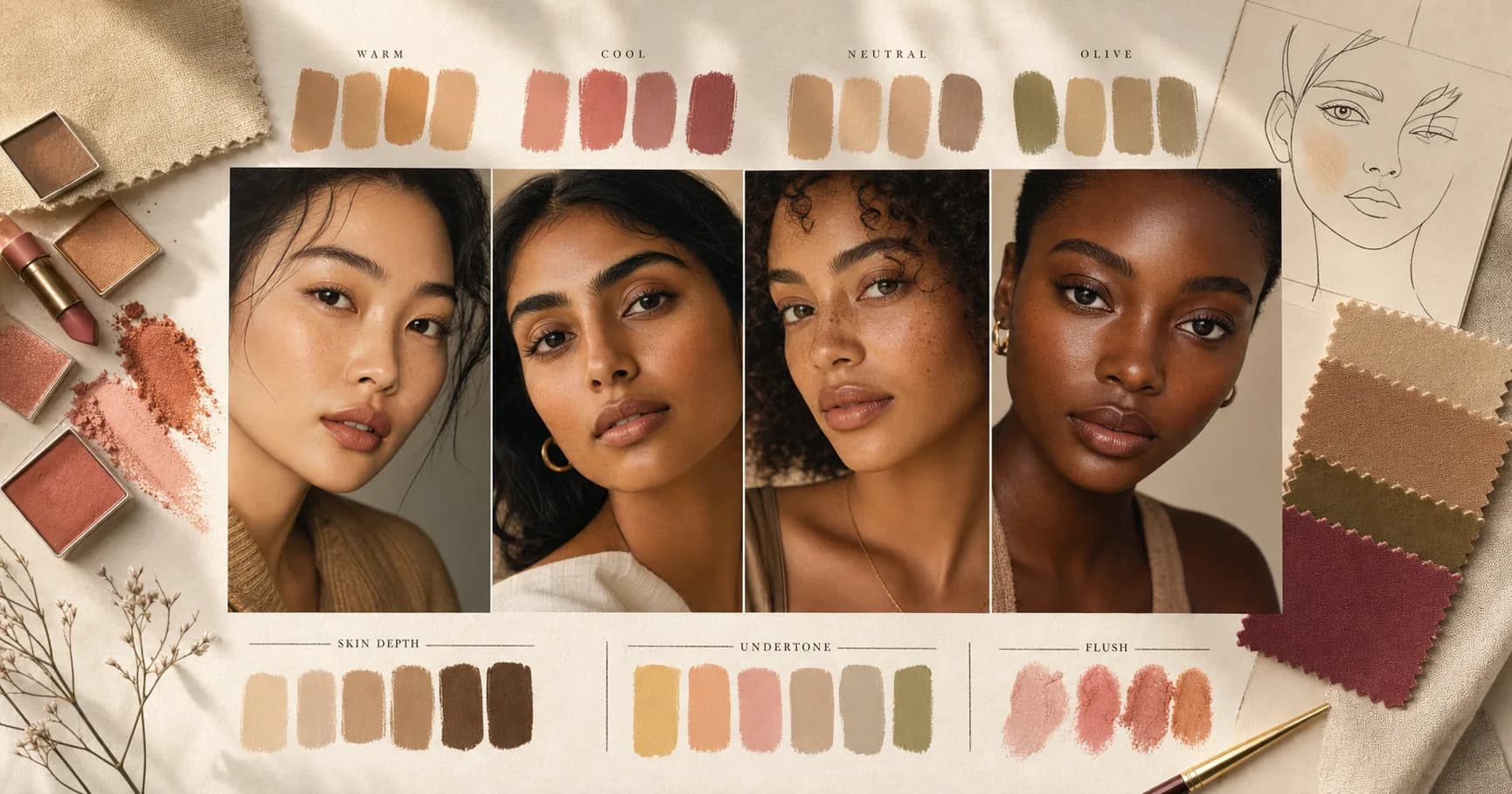 StyleCard inclusive skin color analysis hero with portrait crops, undertone strips, makeup swatches, and photo setup