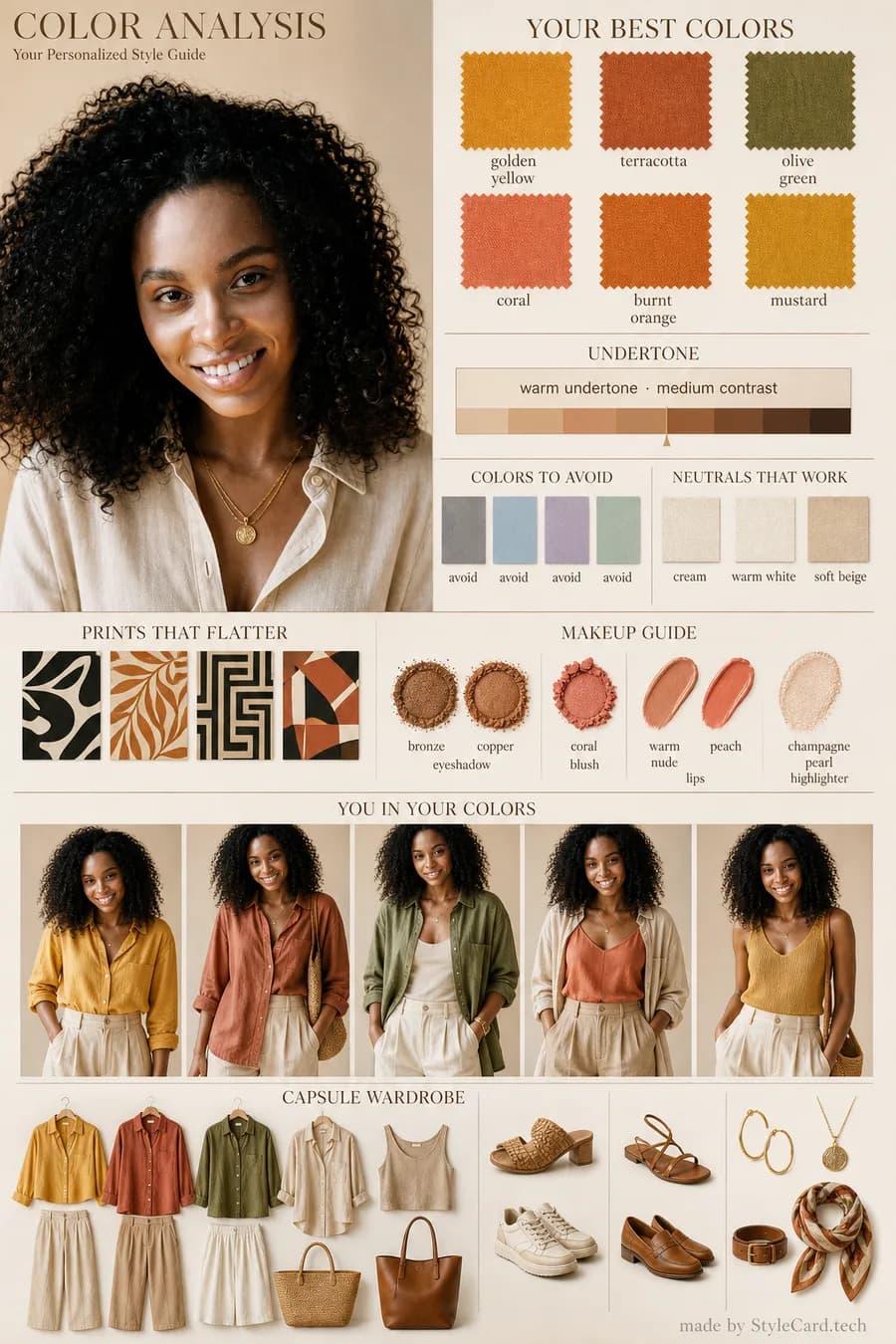 StyleCard bright spring style example with clear warm colors, outfit direction, hair direction, makeup direction, and capsule notes