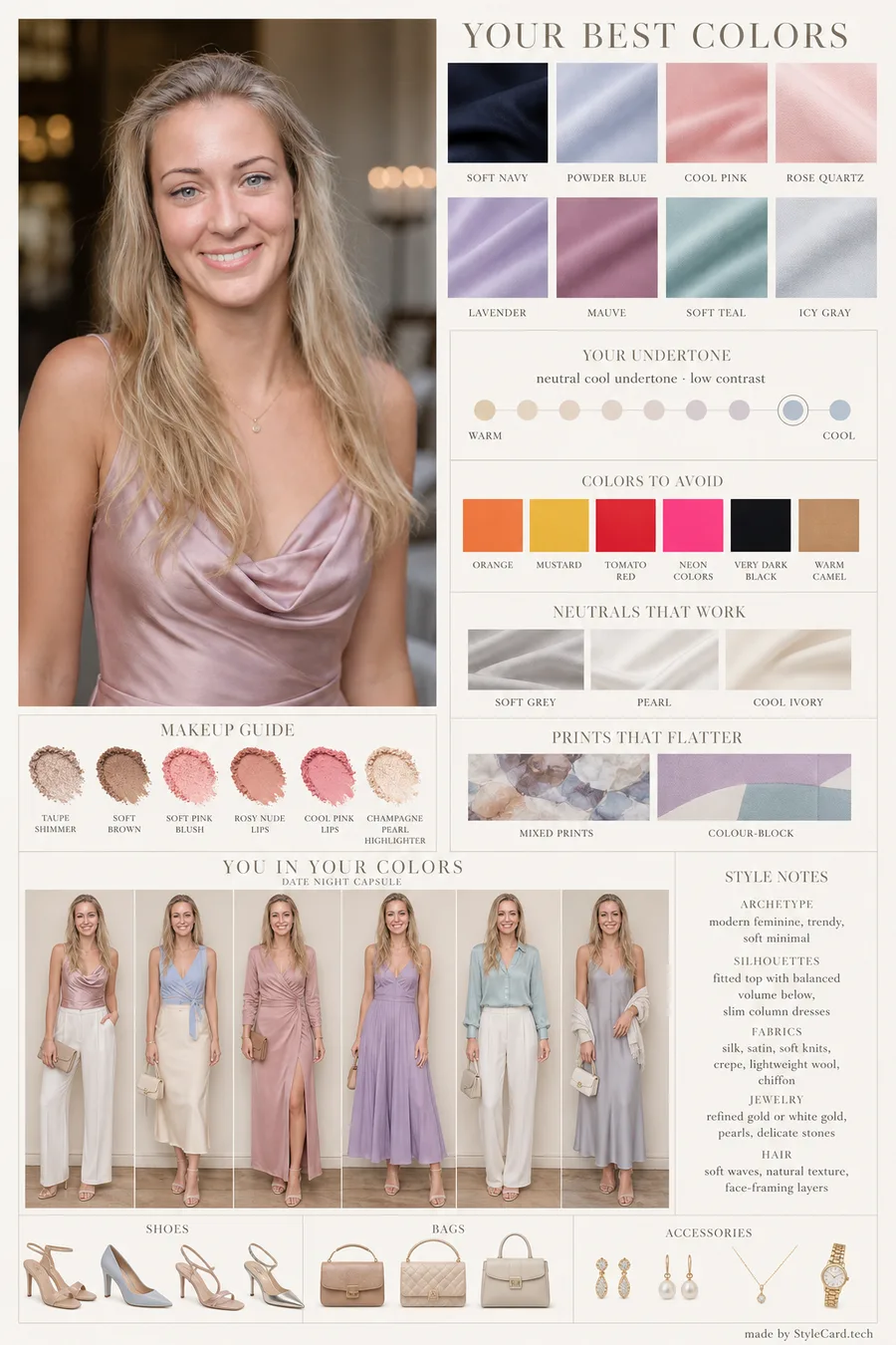 StyleCard light summer style example with soft cool palette, outfit direction, hair color cues, and makeup direction