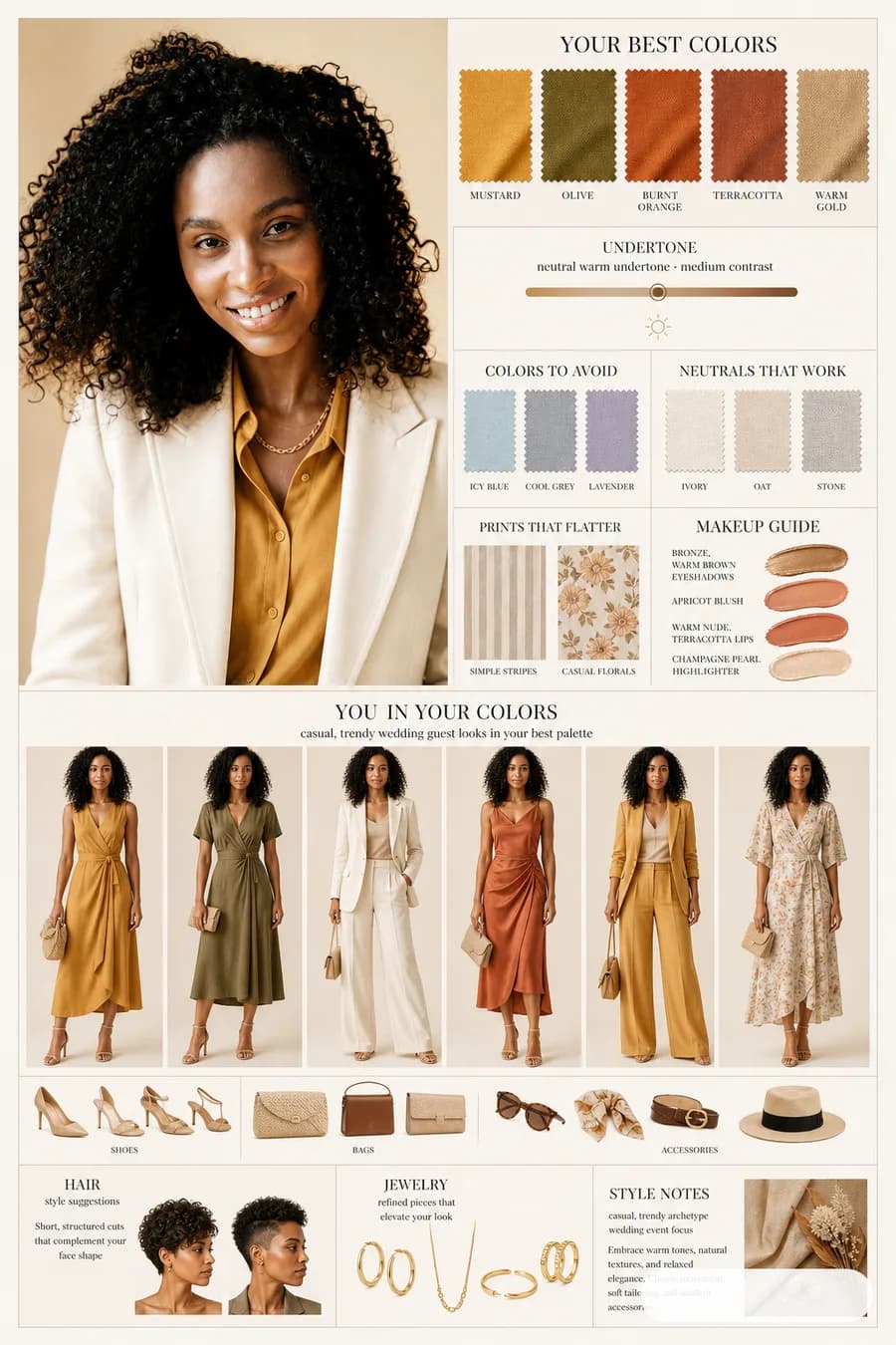 StyleCard outfit and hair direction example with warm palette, capsule pieces, makeup direction, and jewelry notes