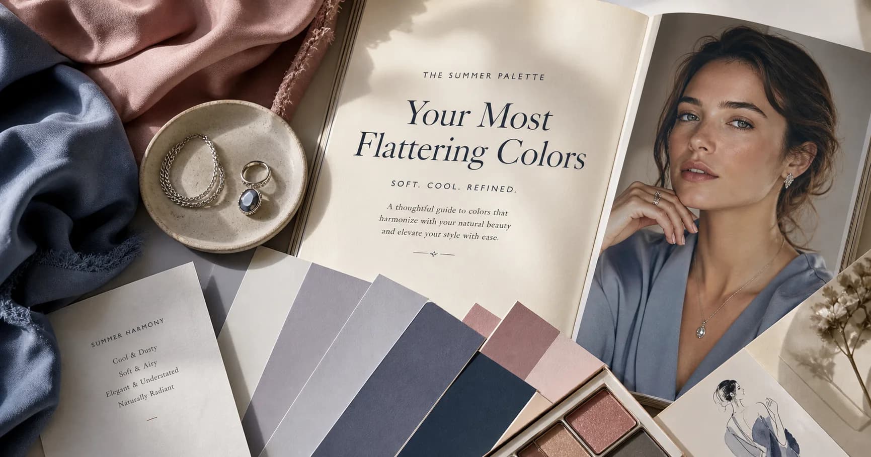 StyleCard soft cool editorial portrait with misty blue, dusty rose, lavender gray, soft navy, and silver styling