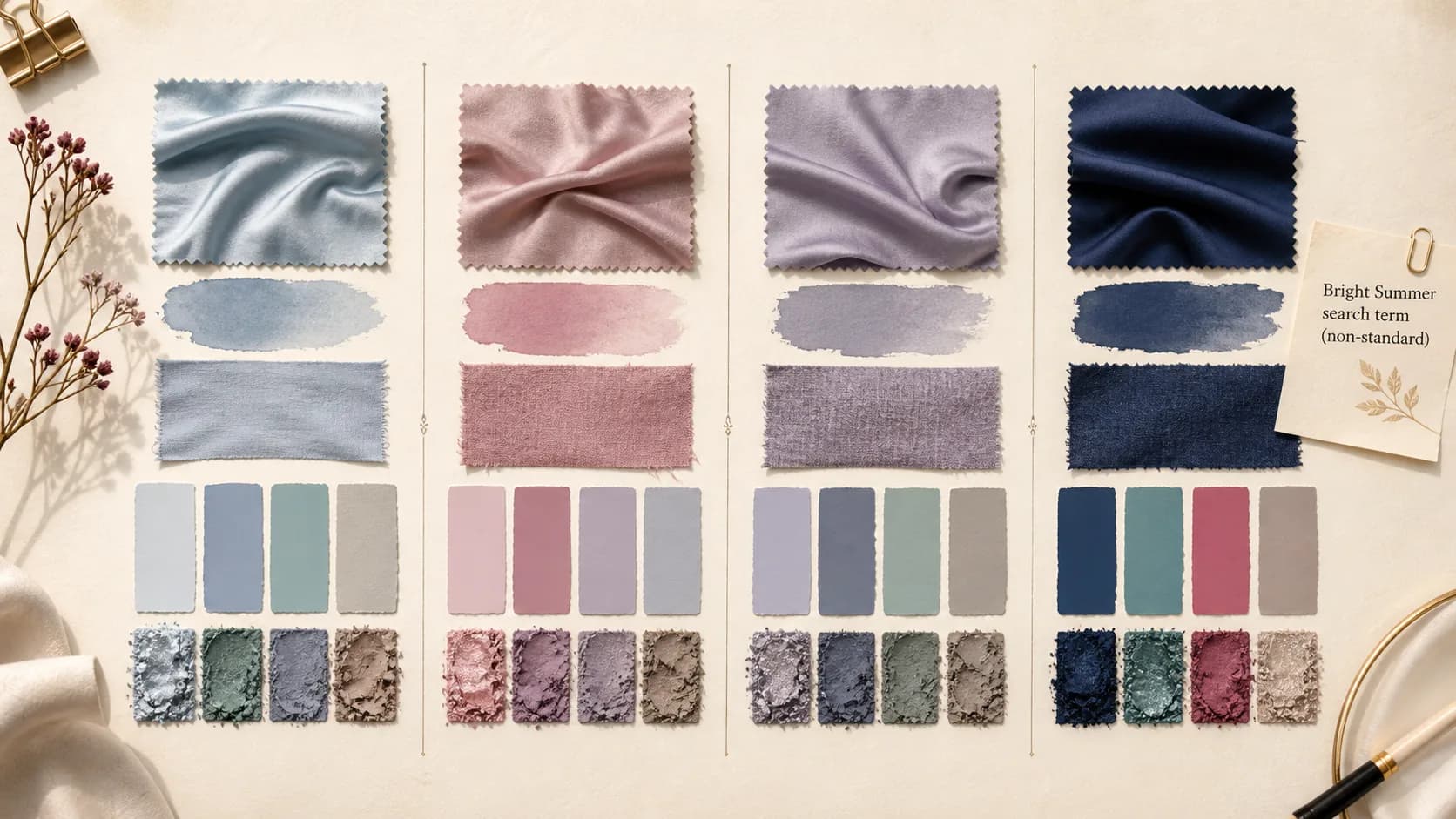 Summer sub-season swatch columns for light summer, cool summer, soft summer, and bright summer search comparison