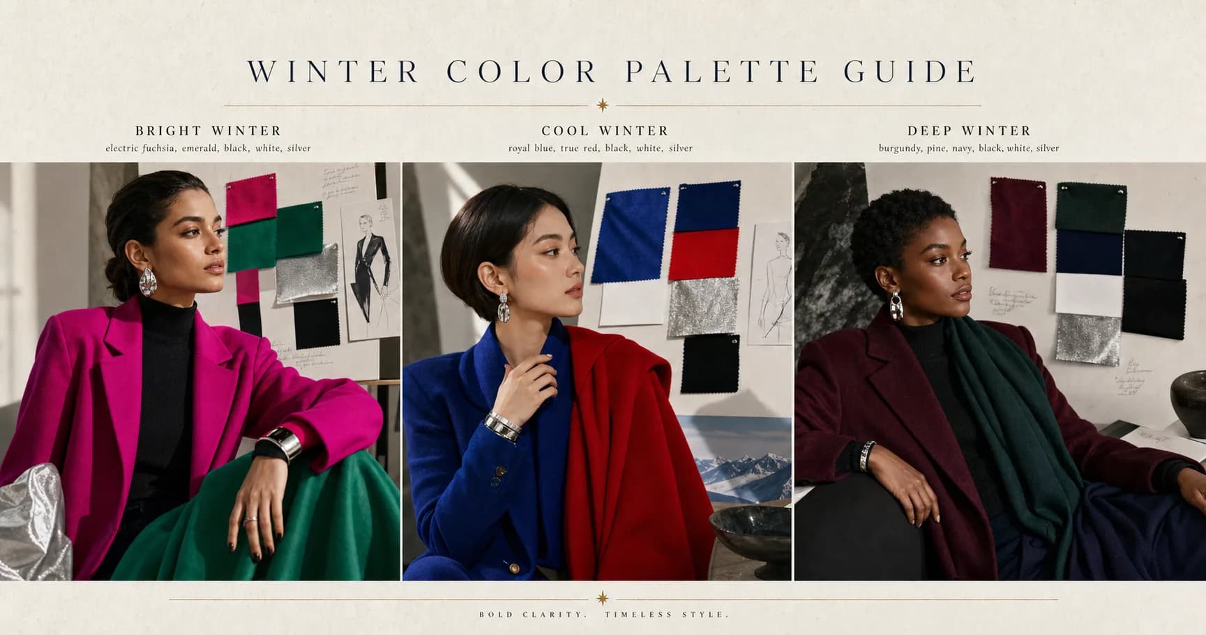 StyleCard three-panel winter color drape scene with fuchsia, emerald, royal blue, red, burgundy, pine, black, white, and silver