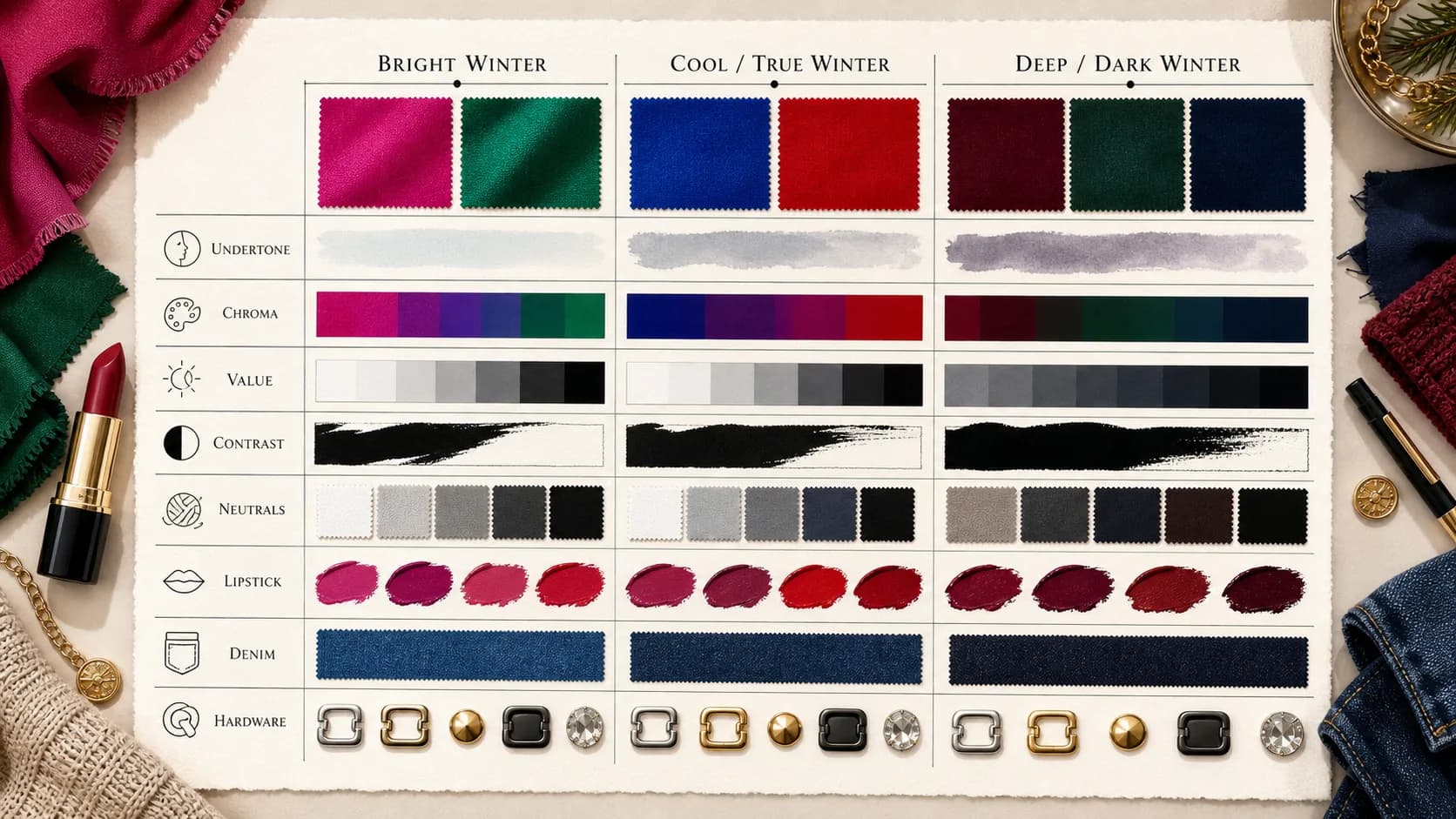 Winter sub-season comparison with bright winter, cool winter, and deep winter swatches and styling cues